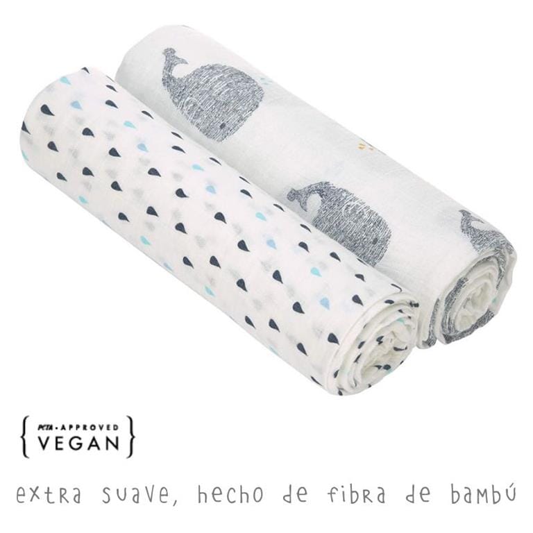 2 musselinas bambu water whale 120 cm Muslin Lassig