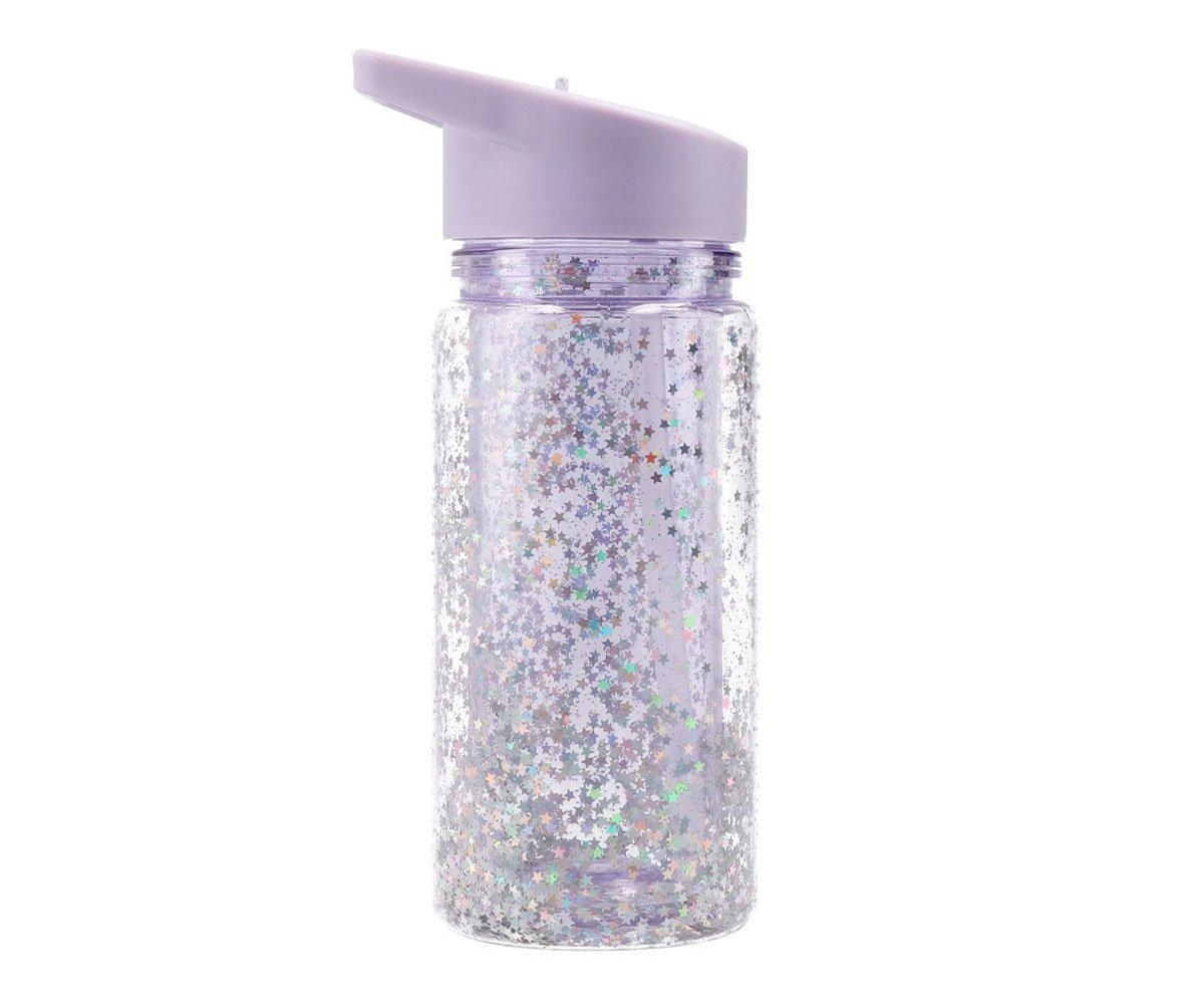 Garrafa com palhinha de plástico glitter stars lilás