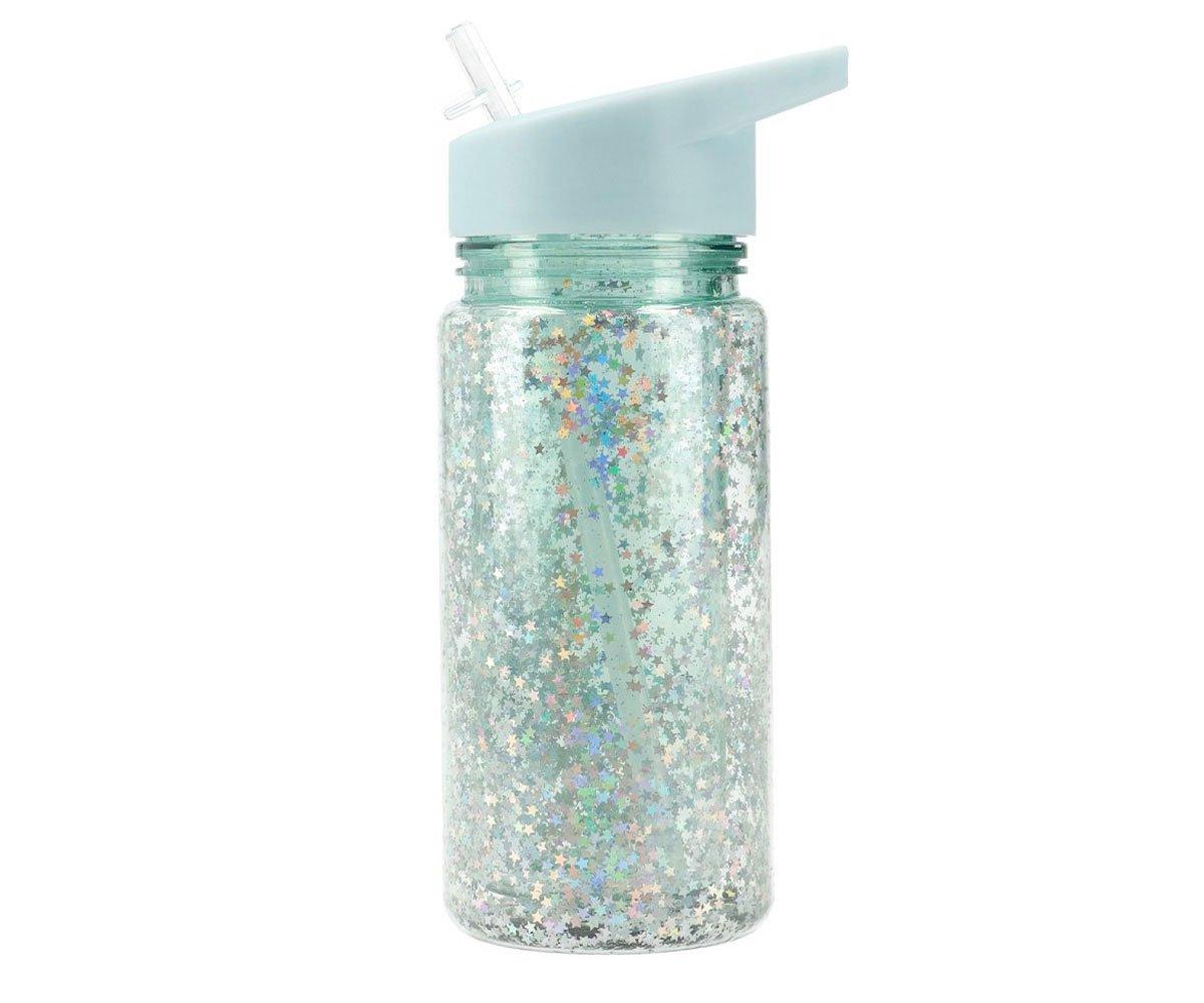 Garrafa com palhinha de plástico glitter stars turquesa