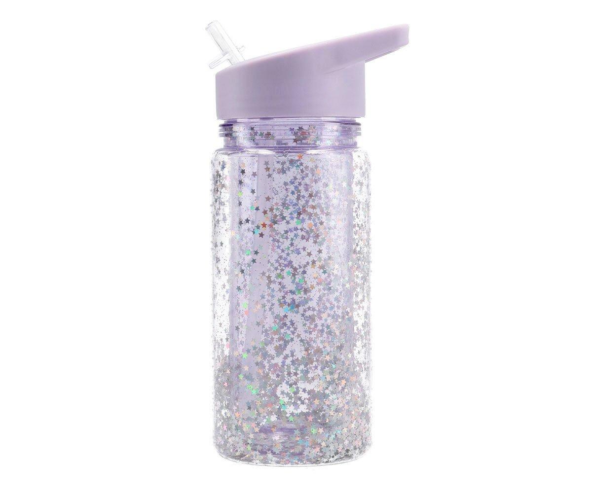 Garrafa com palhinha de plástico glitter stars lilás