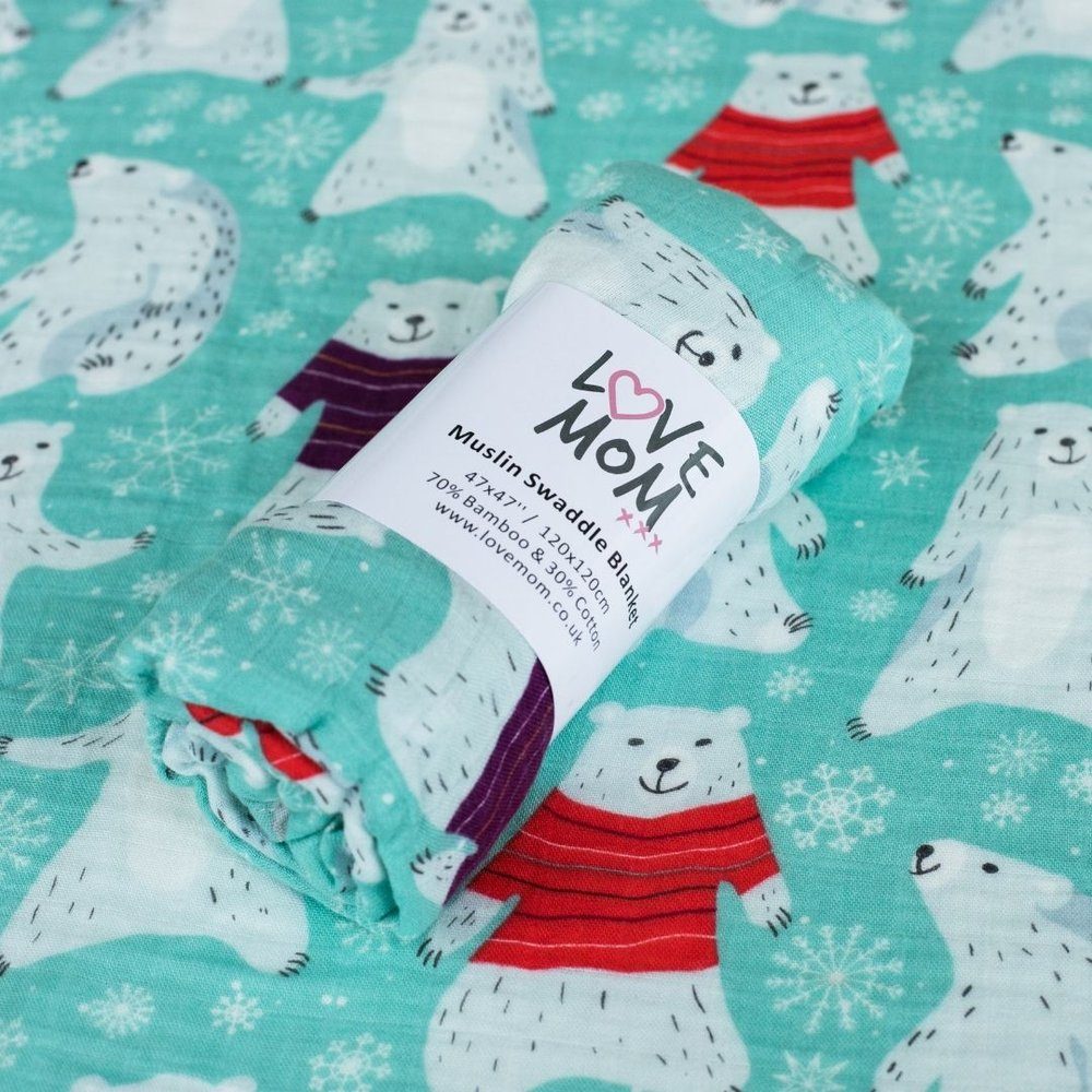 Musselina swaddle 120 cm urso polar azul Muslin Love mom