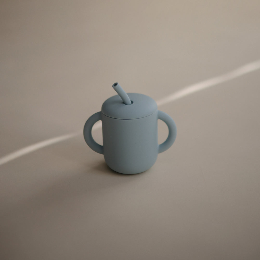 Silicone training cup + straw powder blue mushie meal mushie