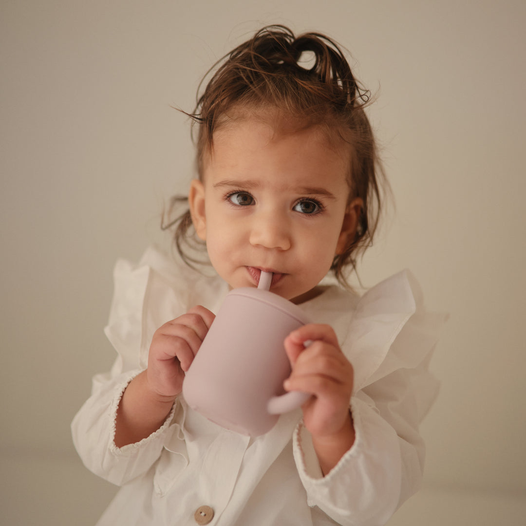 Silicone training cup + straw soft lilac mushie meal mushie