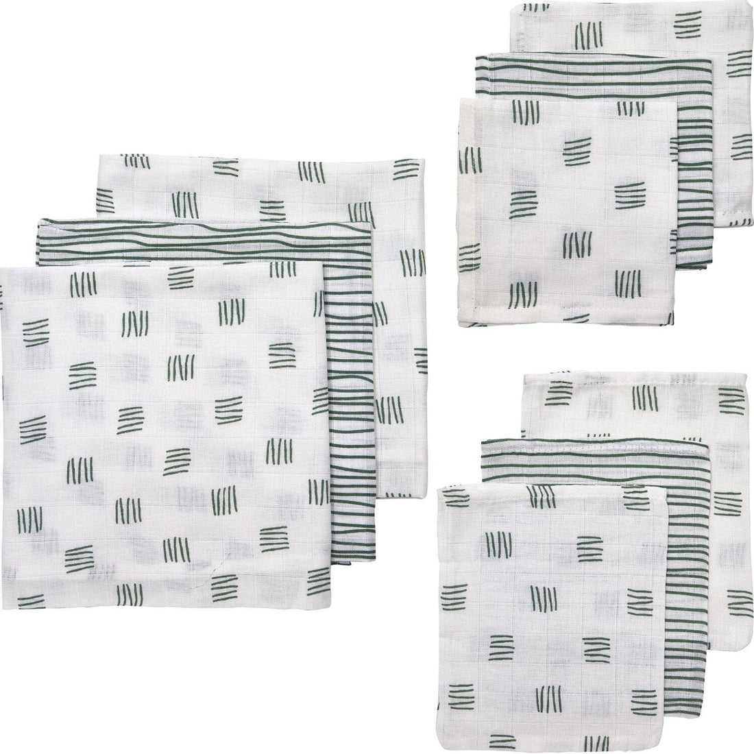Conjunto 9 musselinas | luvas de banho riscas verde Muslin Meyco 