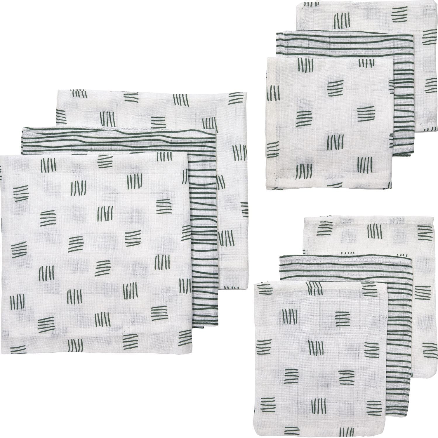 Conjunto 9 musselinas | luvas de banho riscas verde Muslin Meyco 