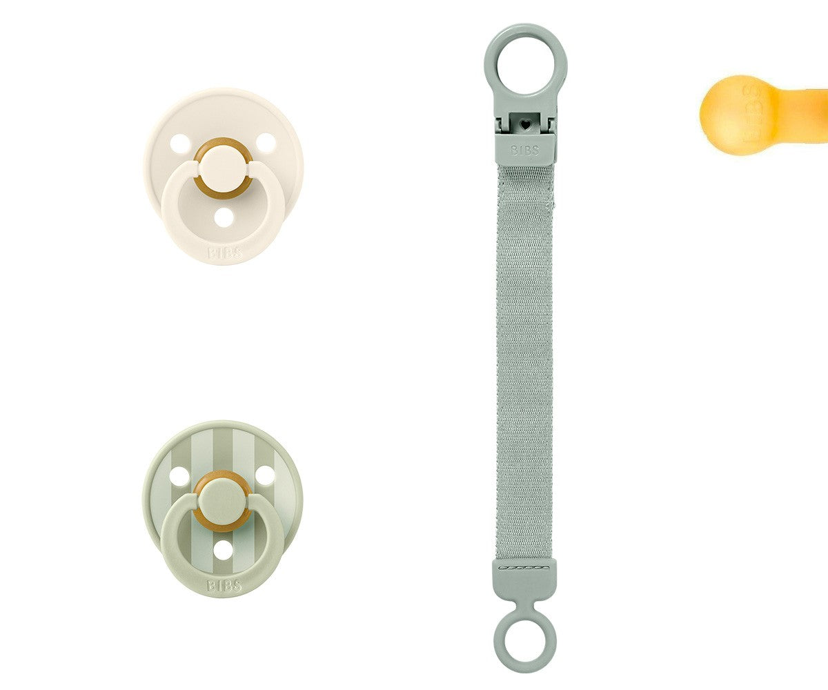 Conjunto 2 chupetas BIBS Colour + prende-chupeta sage