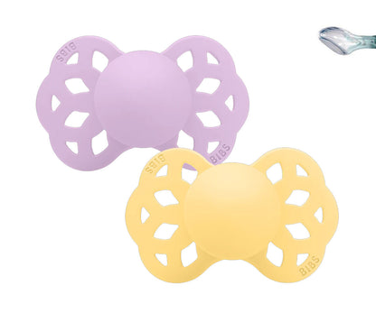 2 chupetas BIBS Infinity anatómica silicone pale butter | violet sky