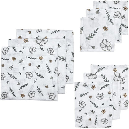 Conjunto 9 musselinas | luvas de banho algodão orgânico floral Muslin Meyco 