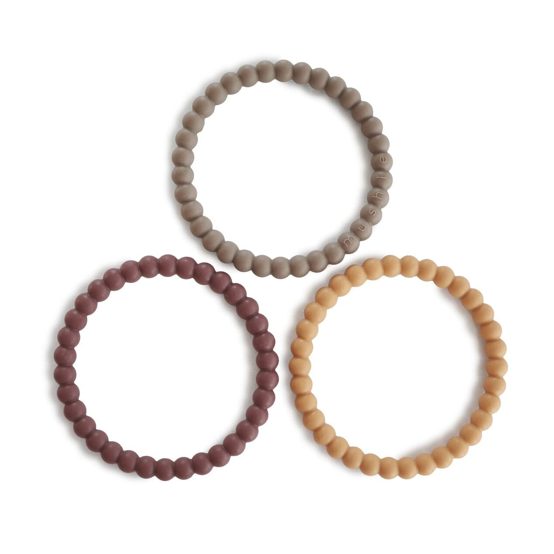 3 mordedores-pulseira pérolas Berry/Marigold/Khaki Teether mushie
