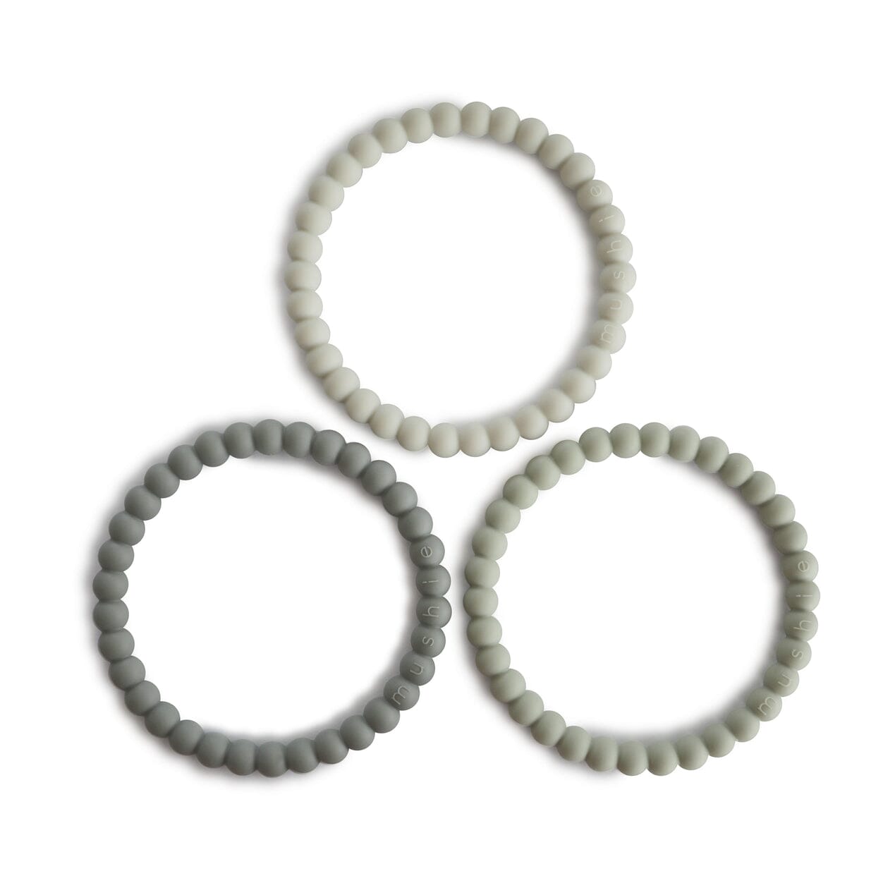 3 mordedores-pulseira pérolas Green Tea/Cool Gray/Sea salt Teether mushie 