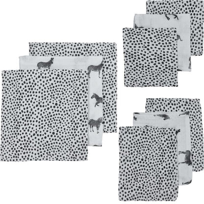 Conjunto 9 musselinas | luvas de banho zebra Muslin Meyco 
