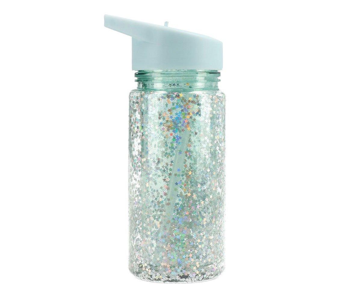 Garrafa com palhinha de plástico glitter stars turquesa