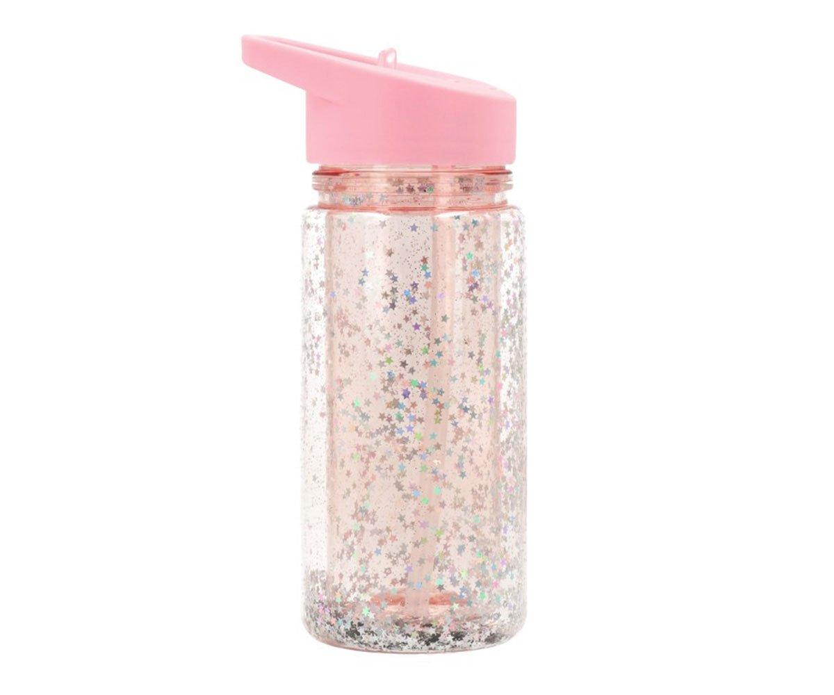 Garrafa com palhinha de plástico glitter stars pink