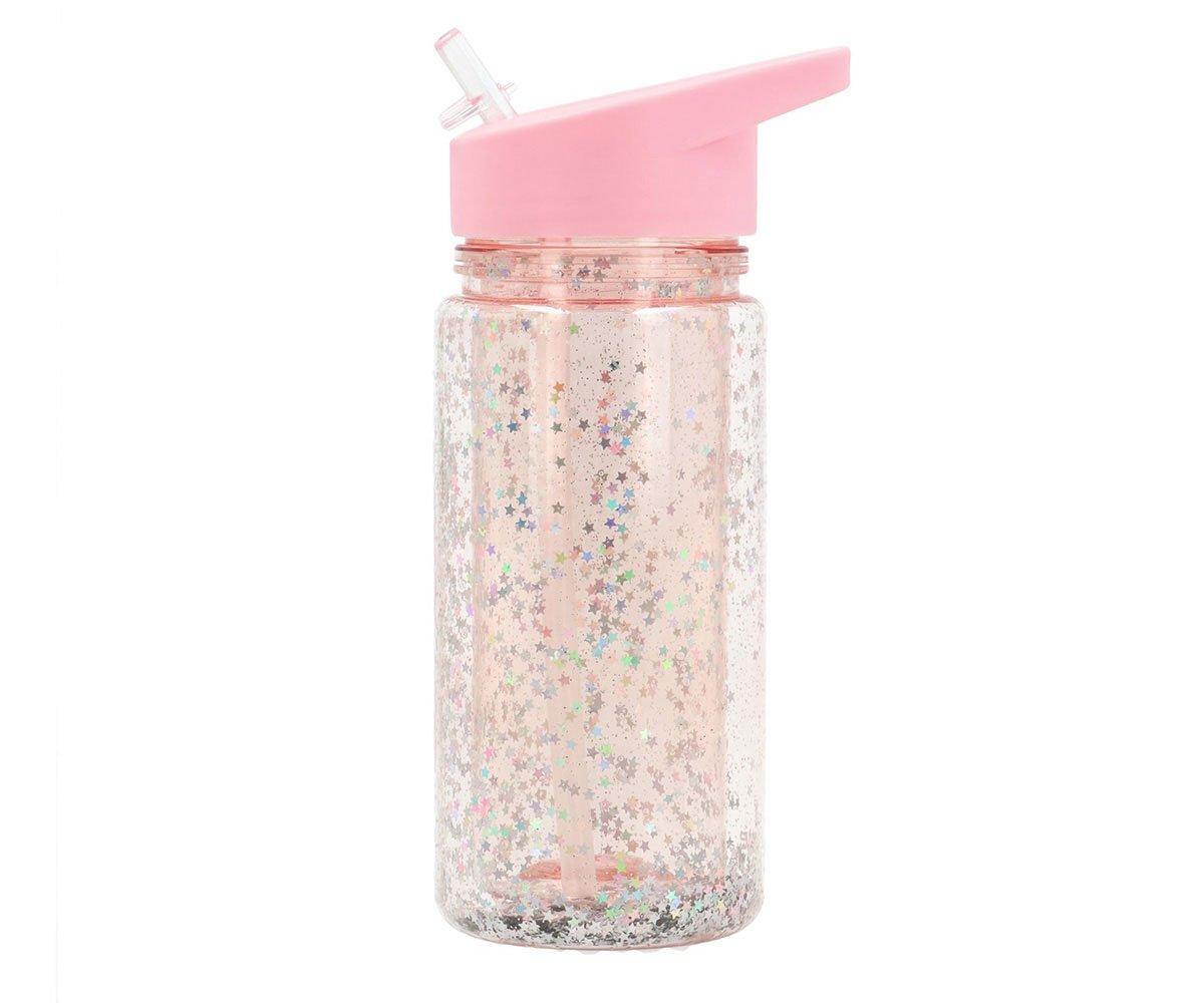 Garrafa com palhinha de plástico glitter stars pink