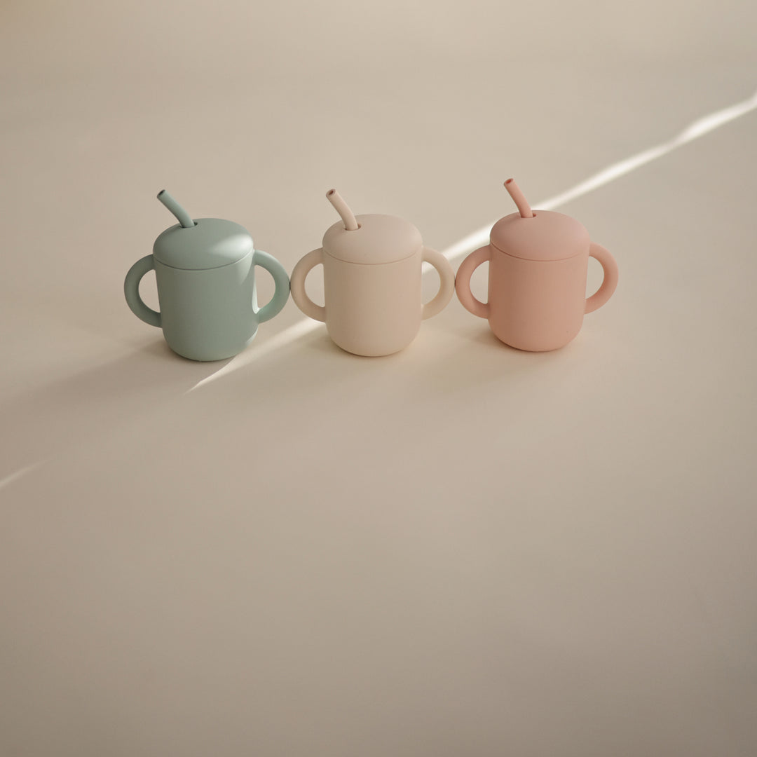 Silicone training cup + straw blush mushie meal mushie