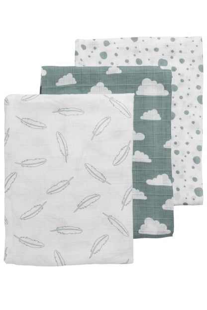 3 musselinas feathers green white 120 x 120 cm Muslin Meyco 