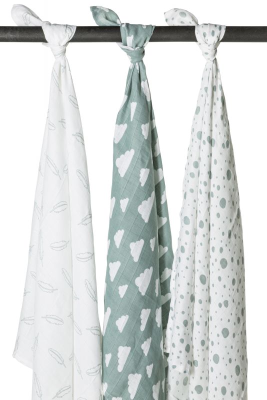 3 musselinas feathers green white 120 x 120 cm Muslin Meyco 