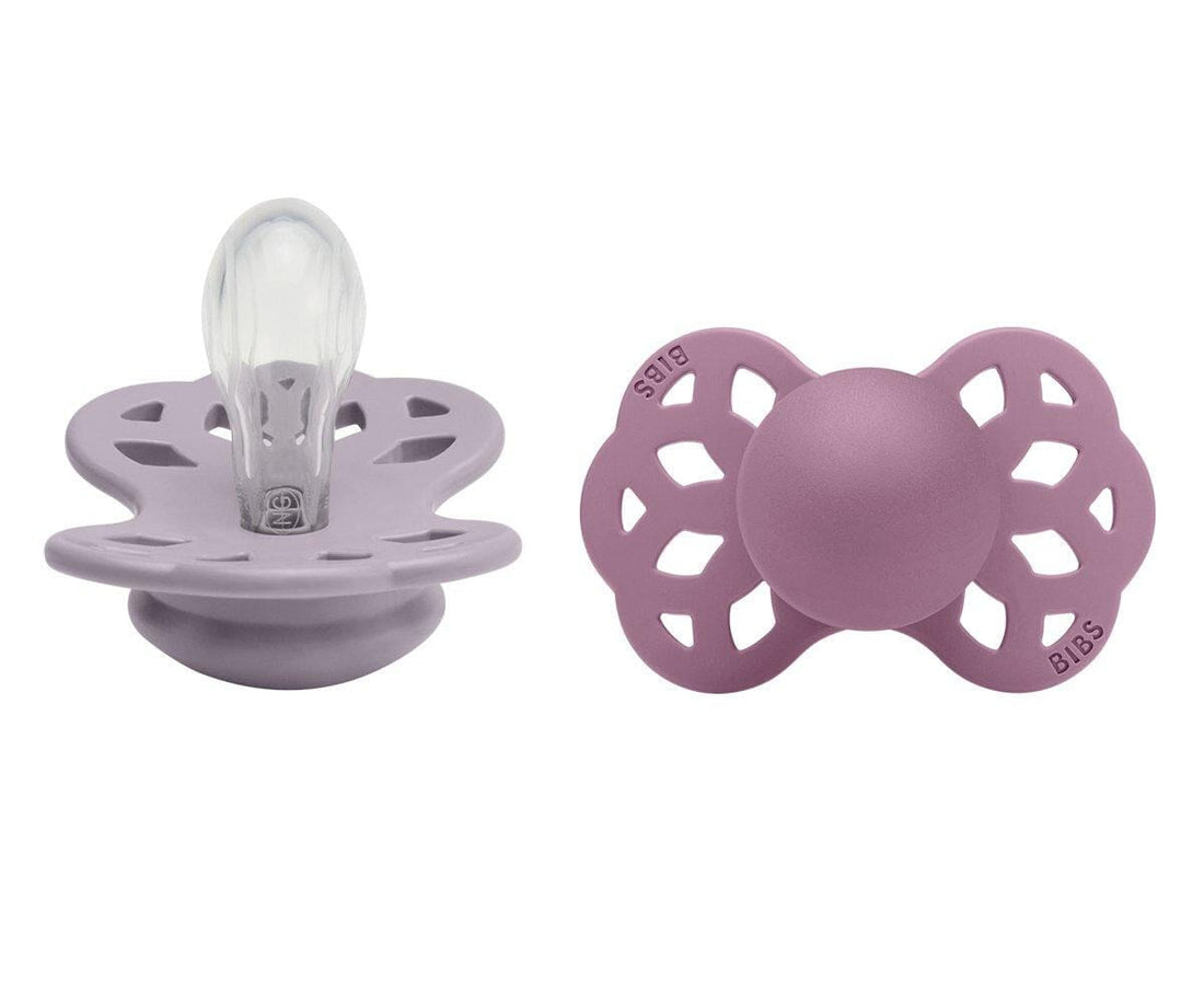 2 chupetas BIBS Infinity simétrica silicone fossil grey | mauve Pacifier BIBS 