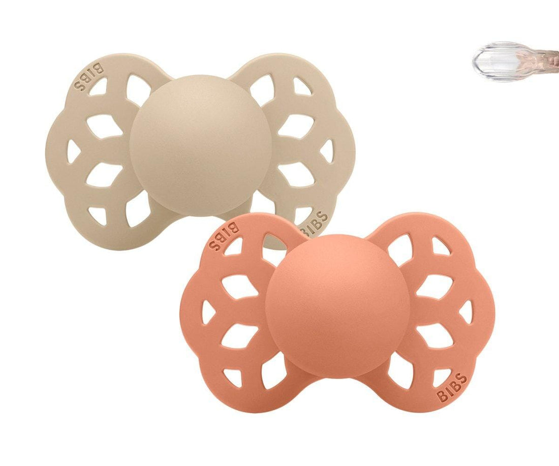 2 chupetas BIBS Infinity simétrica silicone vanilla | peach pacifier BIBS 