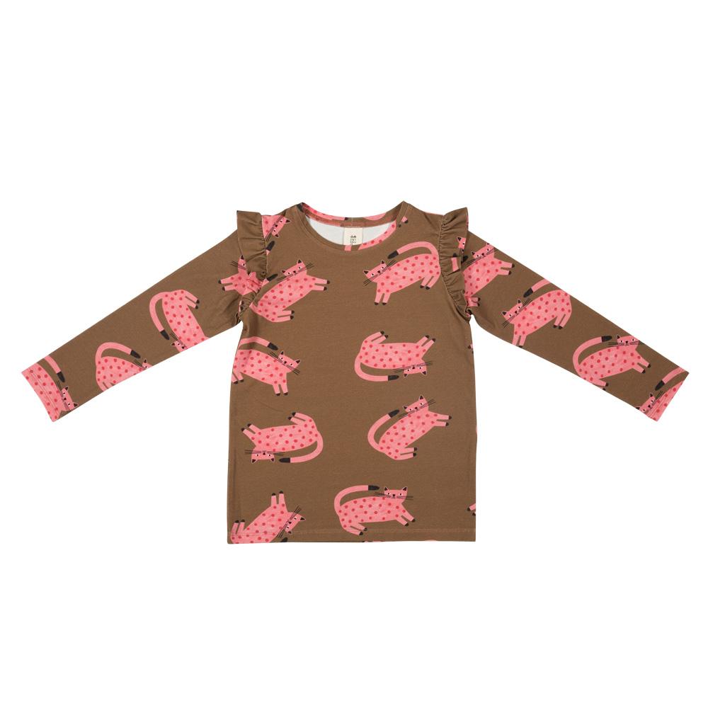 Cat on brown ruffled long sleeve don&