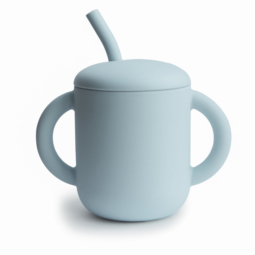 Silicone training cup + straw powder blue mushie meal mushie 