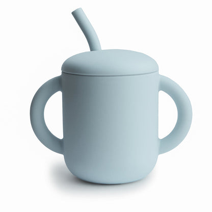Silicone training cup + straw powder blue mushie meal mushie 