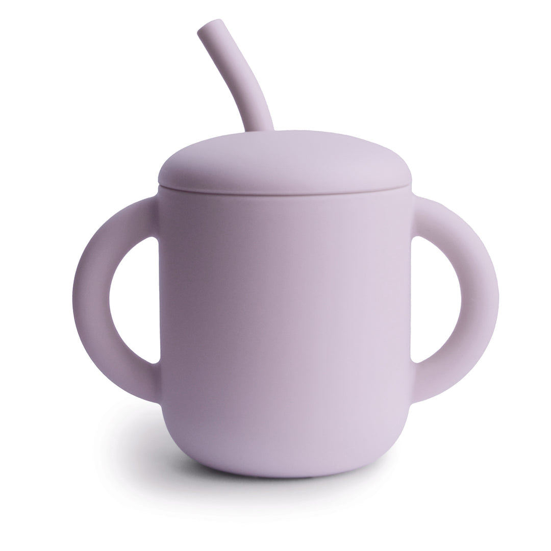 Silicone training cup + straw soft lilac mushie meal mushie 