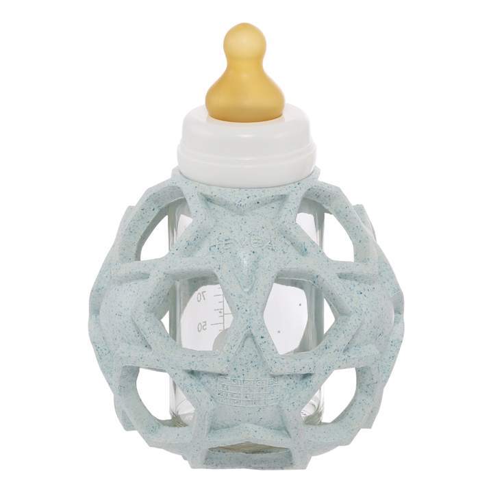 2 in 1 Baby glass bottle with Upcycled Star ball cover teether Hevea blue 